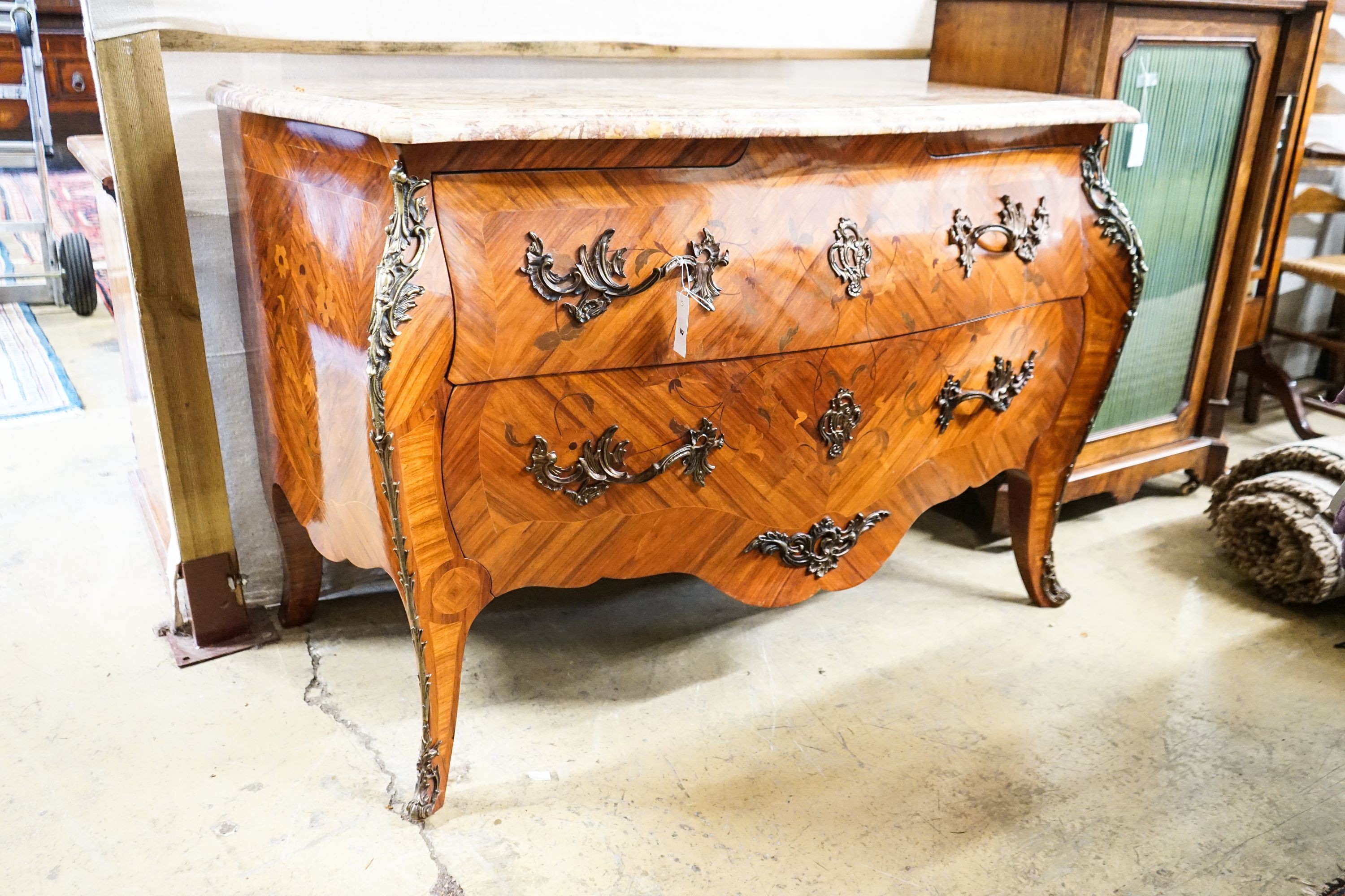 A Louis XV Design marquetry inlaid Kingwood marble top bombe commode, width 120m, depth 64cm, height 84cm